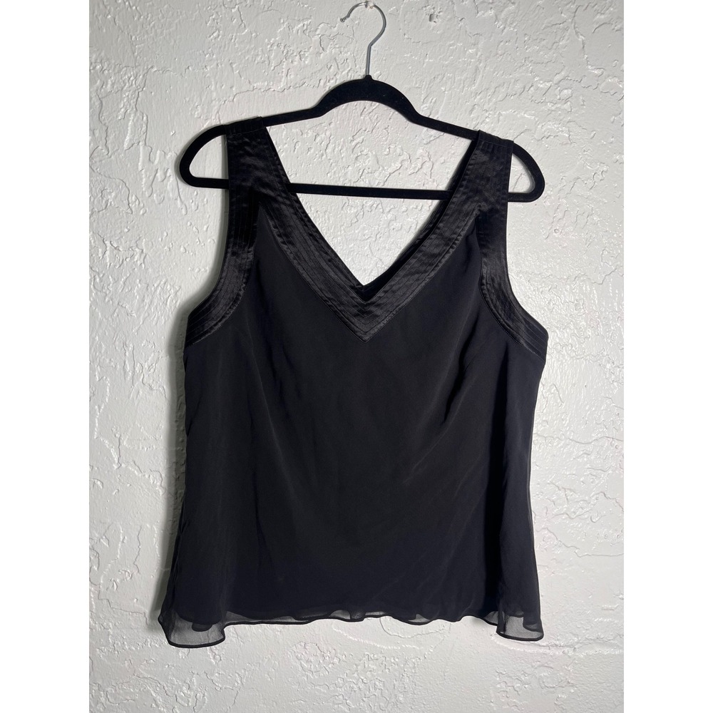 Anne Klein NY Black Silk Trim Sleeveless V Neck Blouse Tank Approx L XL